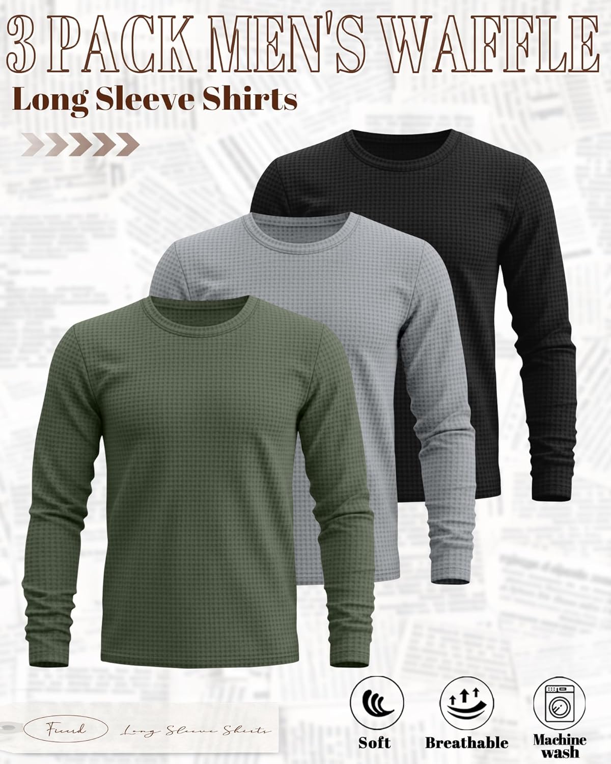Ficerd 3 Pack Men's Waffle Long Sleeve Shirts, Crew Neck Thermal Underwear Tops Casual Pullover Sweaters Knit Undershirts - Image 4