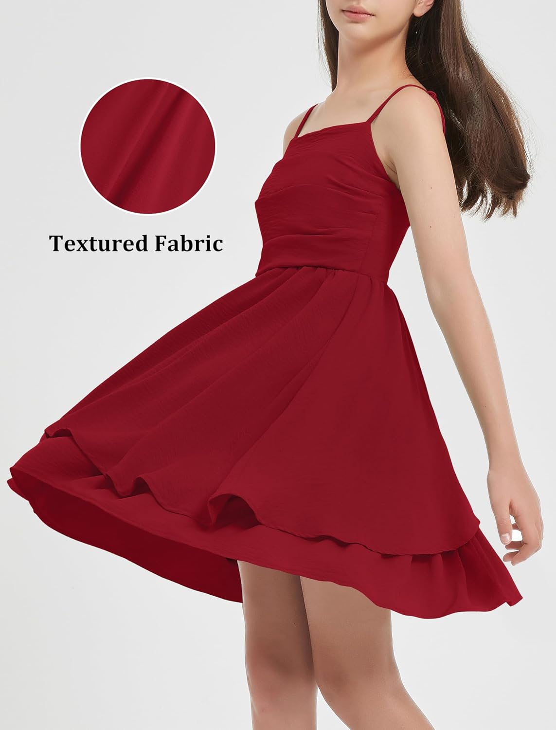 EXARUS Girls Dress Teen Ruched Layered Ruffle Swing Flowy Spaghetti Strap Summer Easter Dance Tween Dresses 8-14Y - Image 3