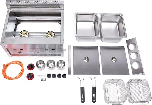 Miniatura 5 de Freidora de gas de doble tanque con termómetro  Freidora de propano con 2 cestas de acero inoxidable y tapas  Gran capacidad del tanque de aceite