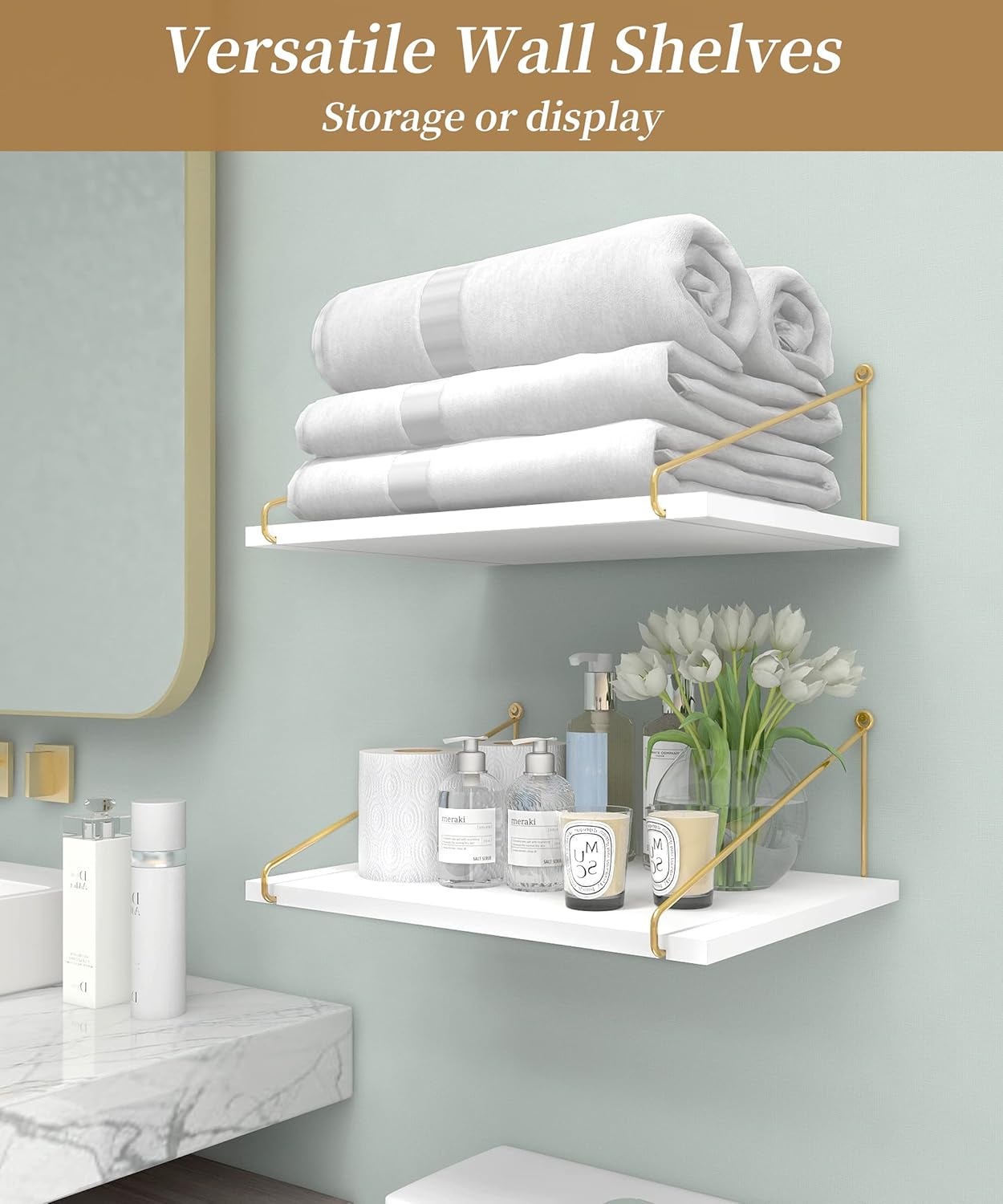 Afuly 12 Inch Deep Floating Shelves for Wall, Gold White Wall Mounted Shelves, Hanging Storage Shelves for Bathroom Kitchen Bedroom, Solid Wood Chic Bookshelves, Set of 2