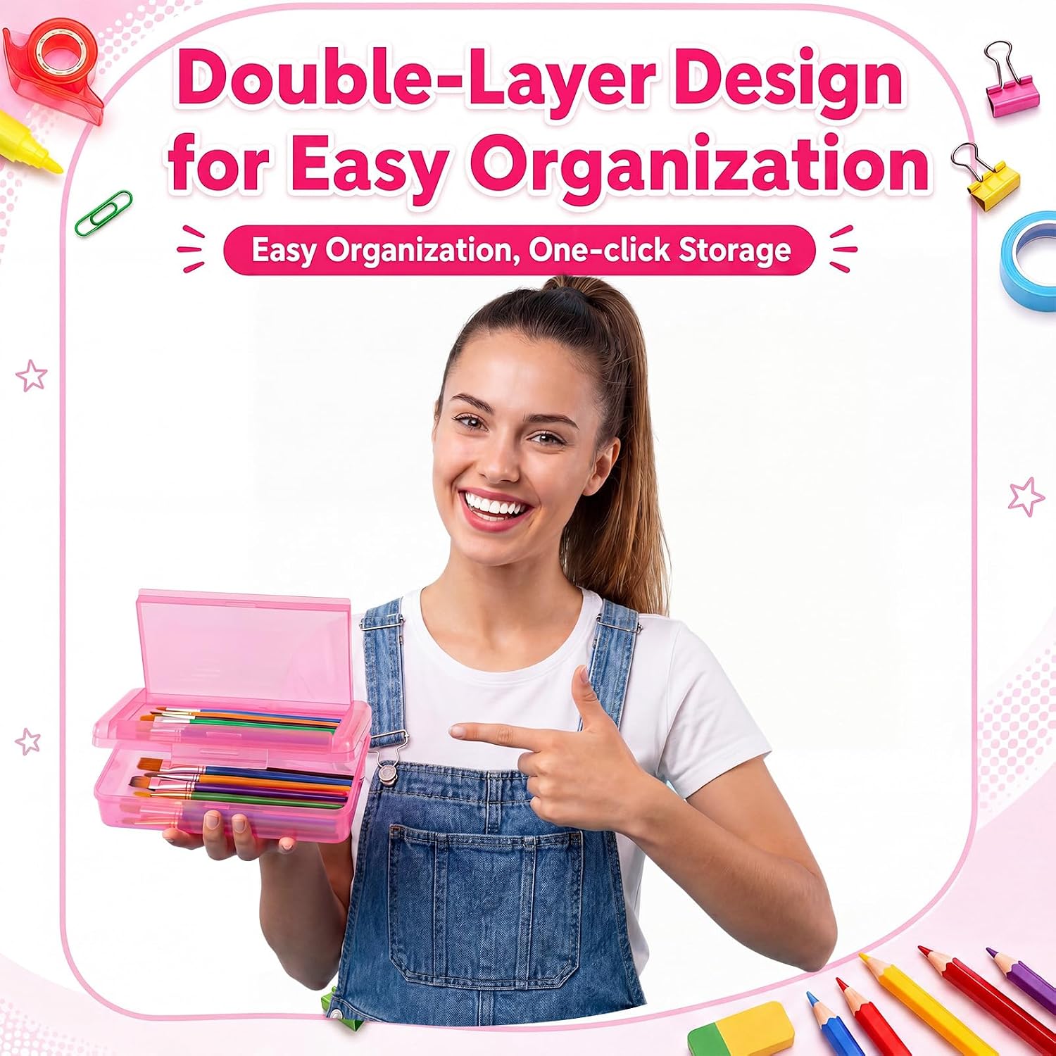 12 Pack Double Layer Large Pencil Box, Clear Plastic Hard Pencil Case with Snap Lid, School Supply Organizer Box for School Office Classroom Home Supplies(Classic Colors)