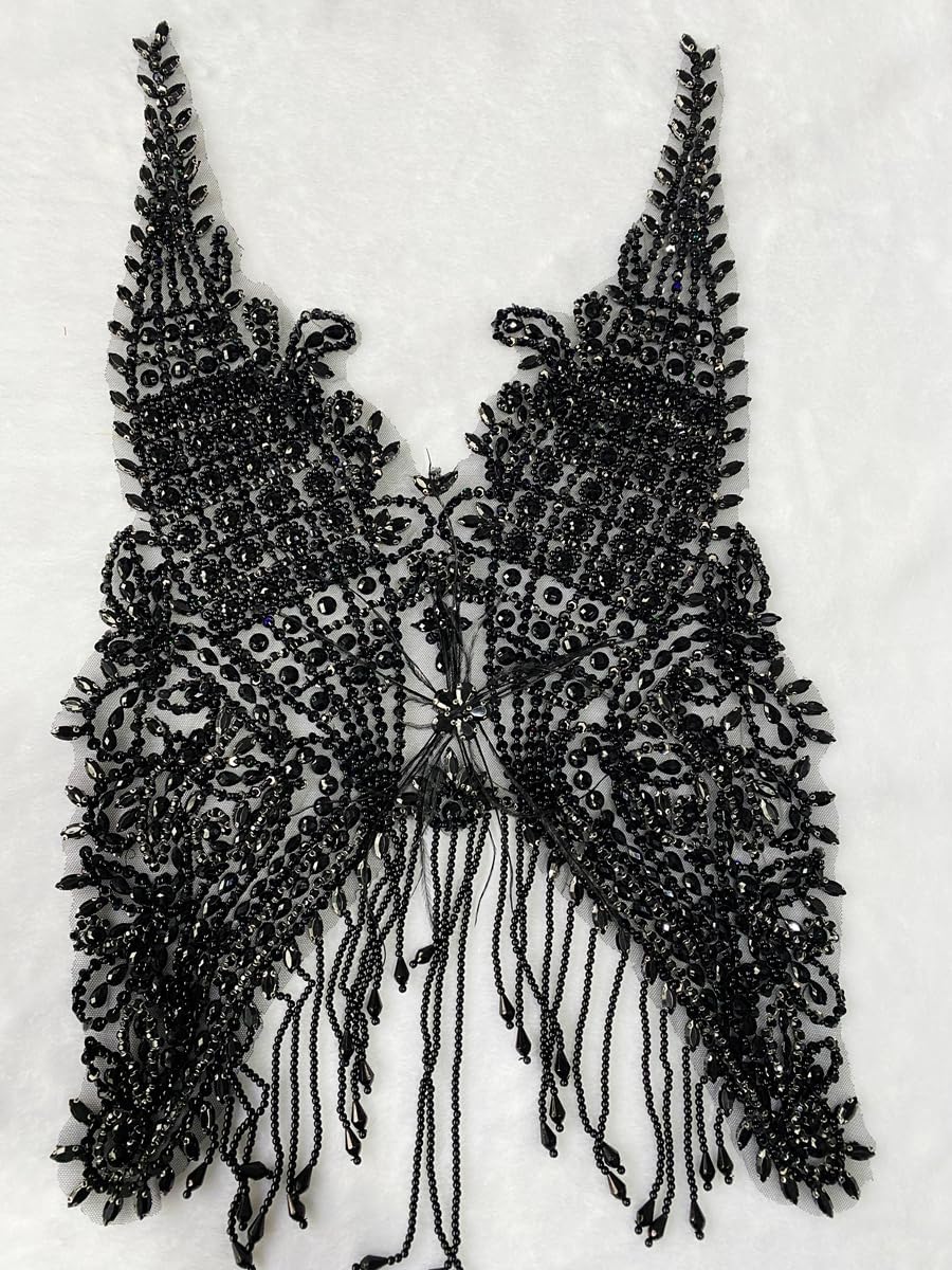 Handmade Shiny Rhinestones Bodice Appliques Hand-Sewing Beads Crystal Trim Patches Luxury Tassels Feathers Decorative Dress Accessories (Black)