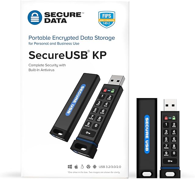 SecureData SecureUSB KP (32GB) - 256-bit Hardware Encrypted USB Flash Drive 3.0 -FIPS 140-2 Level 3 Validated- Unlock via On-Board Keypad- 3 Year Warranty- Works on any OS & Devices- Water Resistant