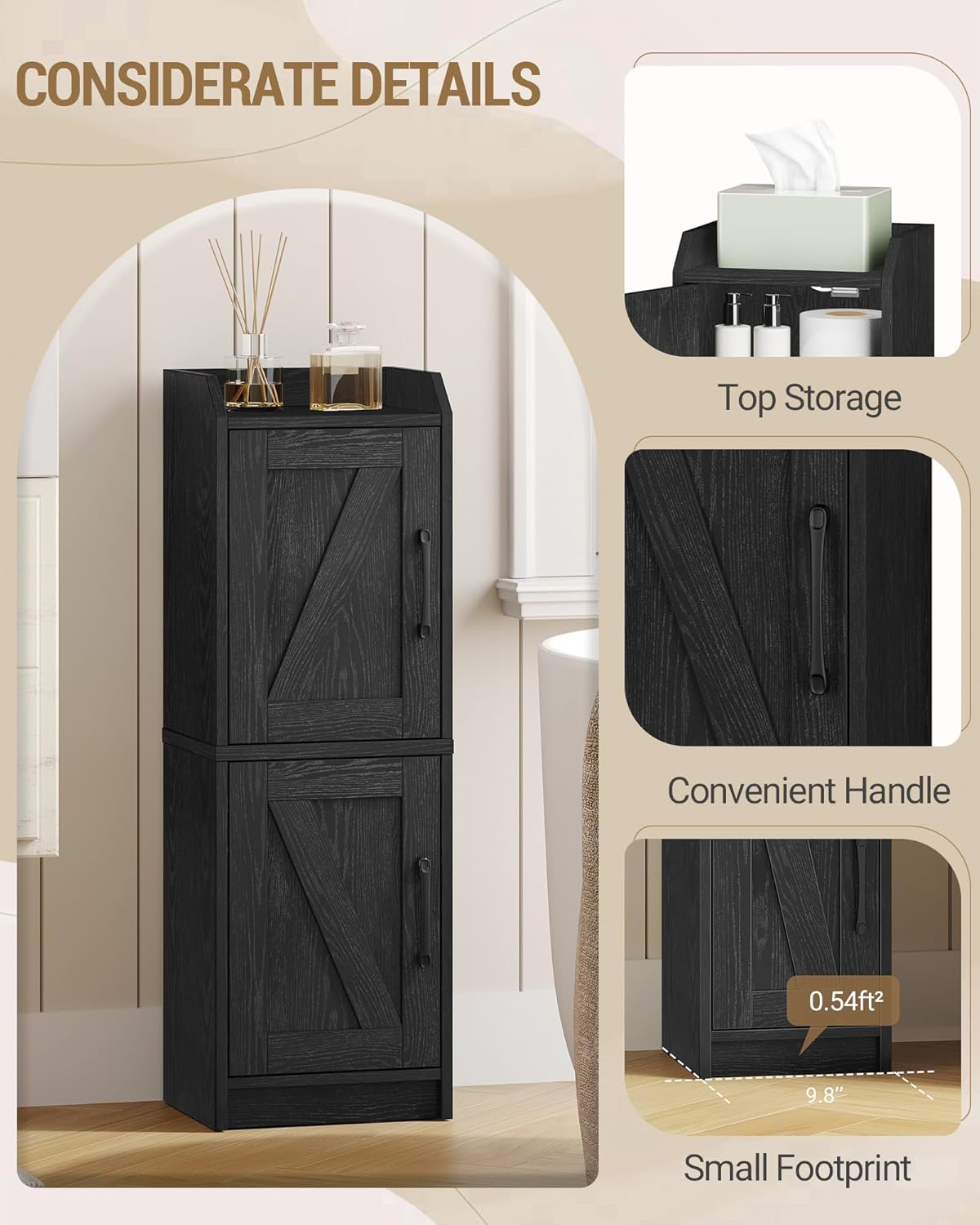 Bathroom Storage Cabinet, Small Corner Floor Cabinet with Door and Shelves, Narrow Bathroom Organizer and Paper Storage with Adjustable Shelves, for Small Spaces, Black BC27104X