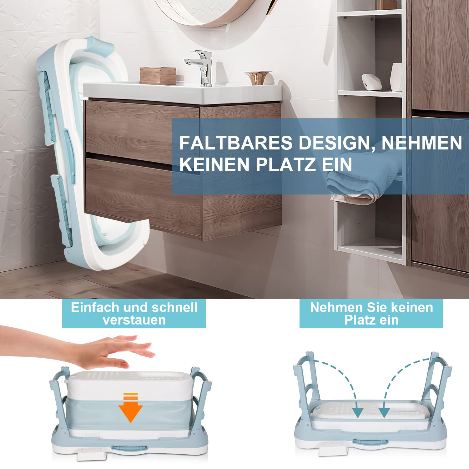 Daromigo 149 x 60 x 50 cm XXL plegable bañera para adultos, bañera portátil plegable móvil con cubierta y rodillos de masaje, bañera móvil plegable para adultos para baño, ducha y balcón