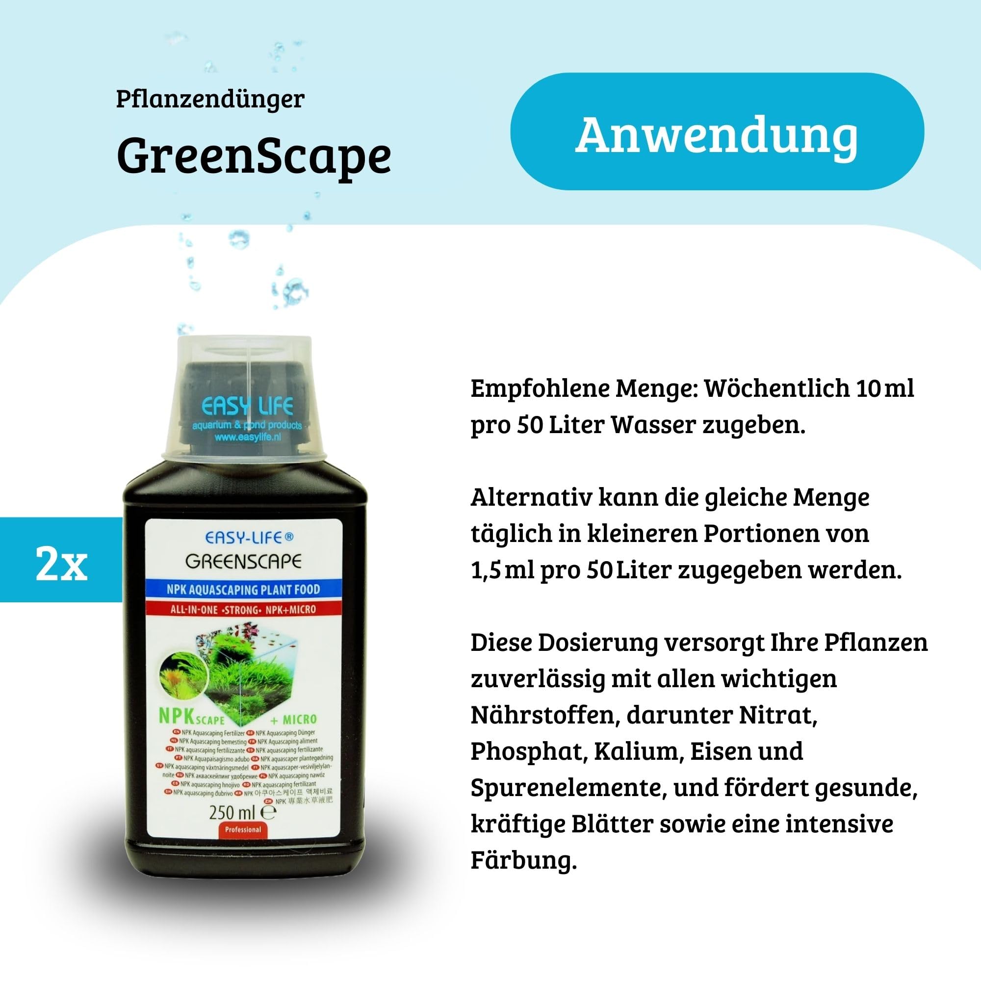 Easy Life GreenScape 2er Pack – 2×250 ml NPK Flüssigdünger für Aquarienpflanzen, fördert gesundes Wachstum & kräftige Blätter, mit Spurenelementen, einfache Anwendung, fischsicher