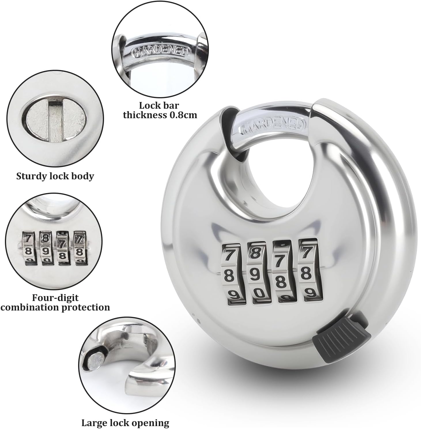 Combination Padlock Stainless Steel 70 mm - Round Shackle Lock with Combination Code & Carabiner, Weatherproof Anti Cutting Combination Lock for Bicycle Helmet Luggage Outdoor Camping Travel