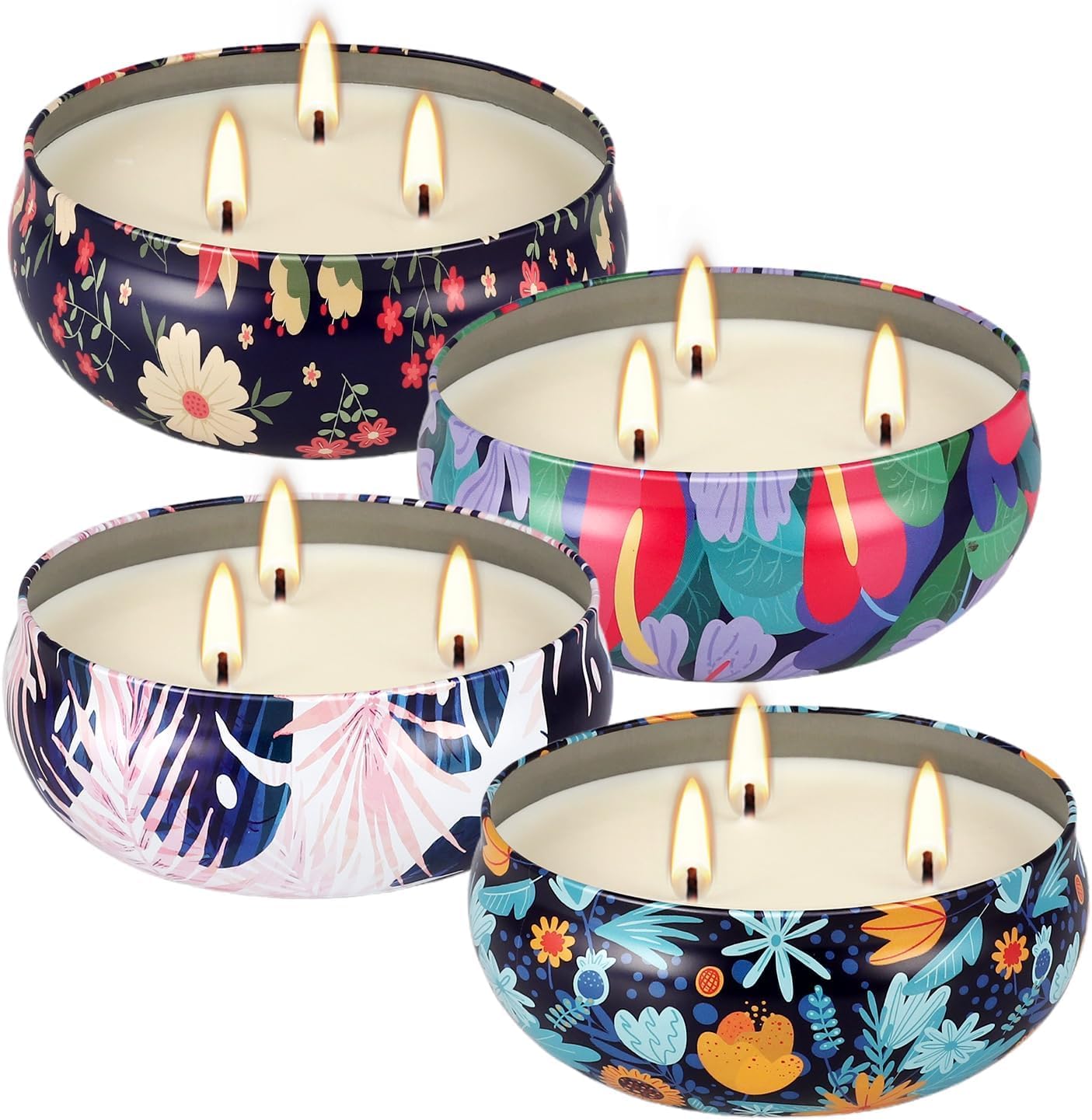 Tropical Printed Citronella Candles, Set of 4 x 13.5 oz Large Scented Candles with Natural Cotton Wicks - Made with Natural Soy Wax, for Home, Patio, Garden, Camping or as a Summer Housewarming Gift