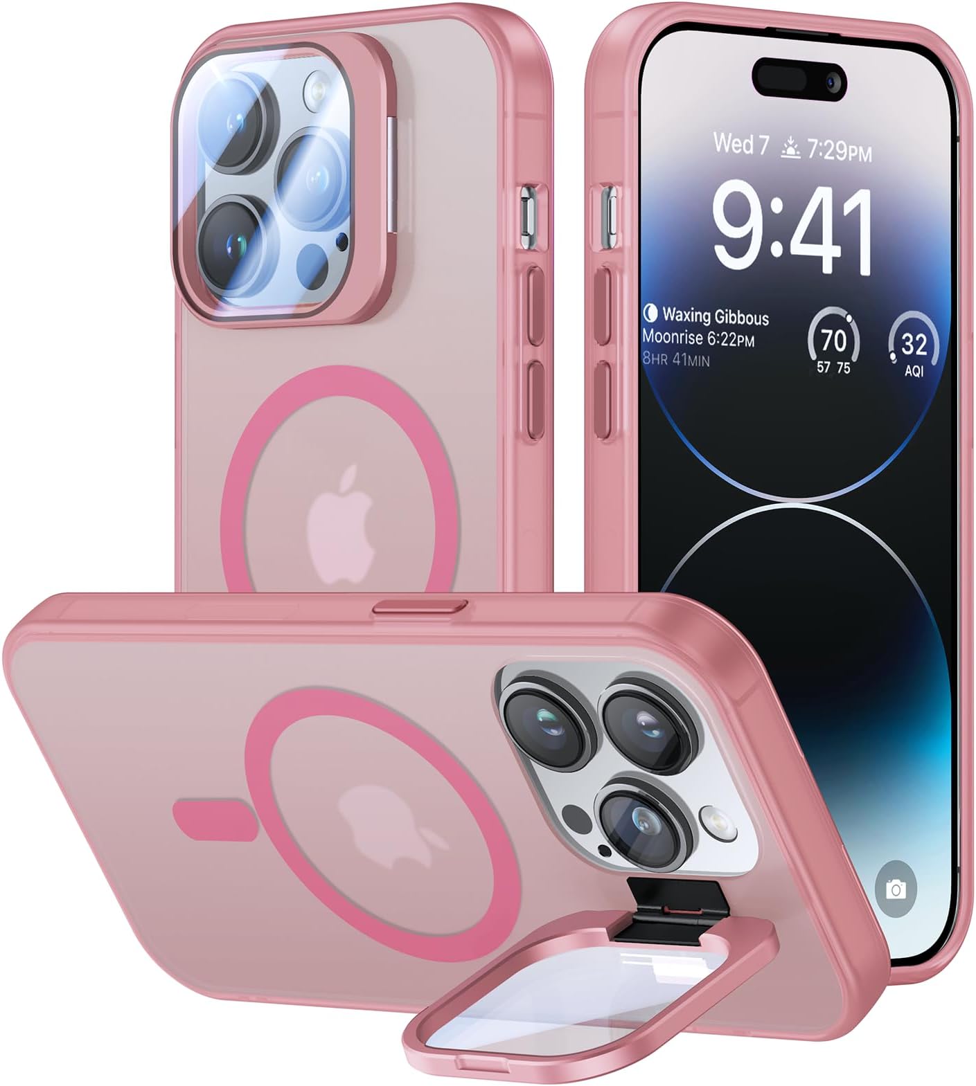 for iPhone 13 Pro Case with Camera Cover Stand [Built-in 9H Camera Lens Protector][Fit for Magsafe] Military Grade Shockproof Translucent Matte Magnetic Phone Case 6.1" Pink