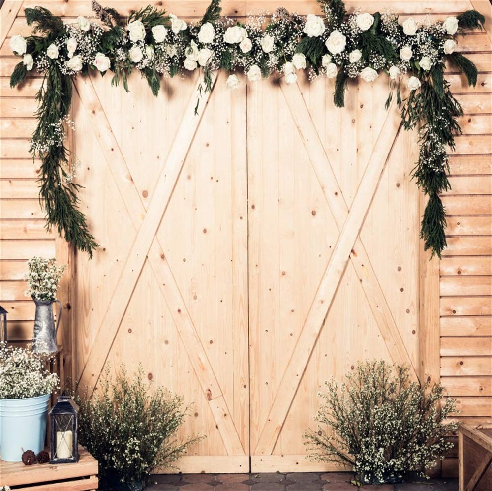 10x10ft Flowers Banner Wedding Photo Backdrop for Ceremony Reception Background Vinyl Vintage Closed Wooden Door Engagement Bridal Shower Anniversay Valentine's Day Decoration Photo Studio Props