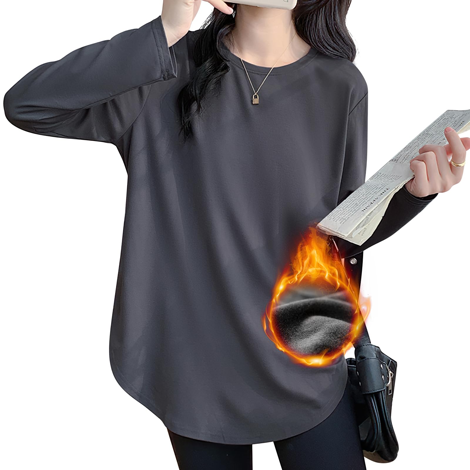 [Adcey] Tシャツ レディース 長袖 トップス カットソー 防寒 ティーシャツ 丸首 クルーネック やわらかい 着痩せ ゆったり 重ね着 インナー 無地 シンプル 耐久性 きれいめ