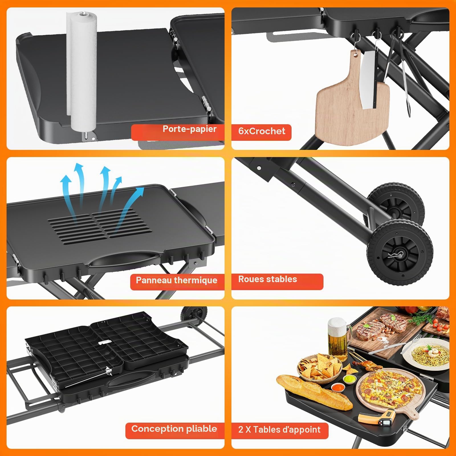 GFTIME Chariot de barbecue portable pour Weber, Ninja, Ooni, Blackstone, Nexgrill, Traeger et autres marques | Chariot de barbecue d'extérieur avec roues, tables