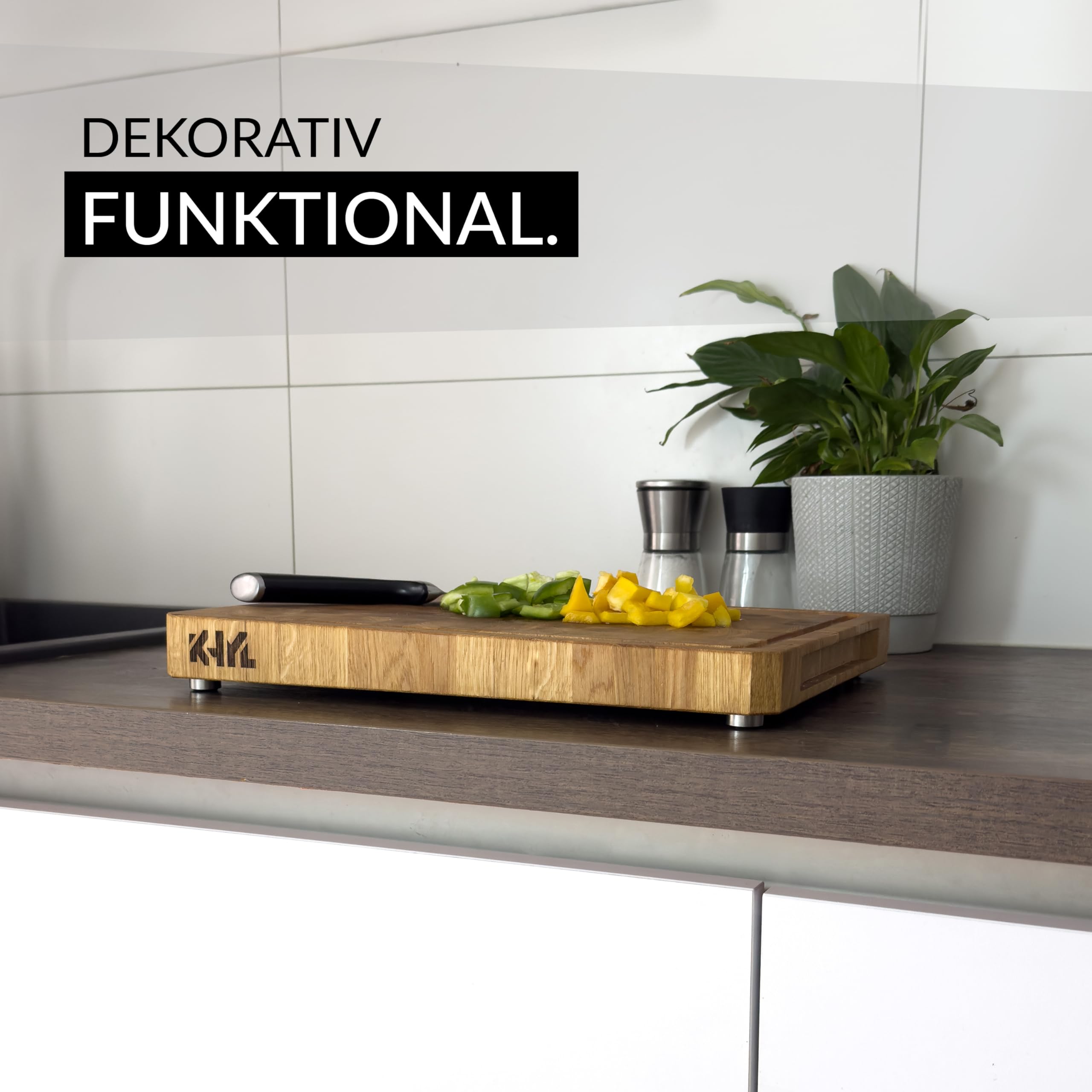 MADE IN GERMANY - KHYL® Das schräge Schneidebrett - Echtholz EICHE- 40x30x4 cm extra groß- Hirnholz Stirnholz - Extra dick, massiv – Hackbrett – Hackblock – Butcherblock