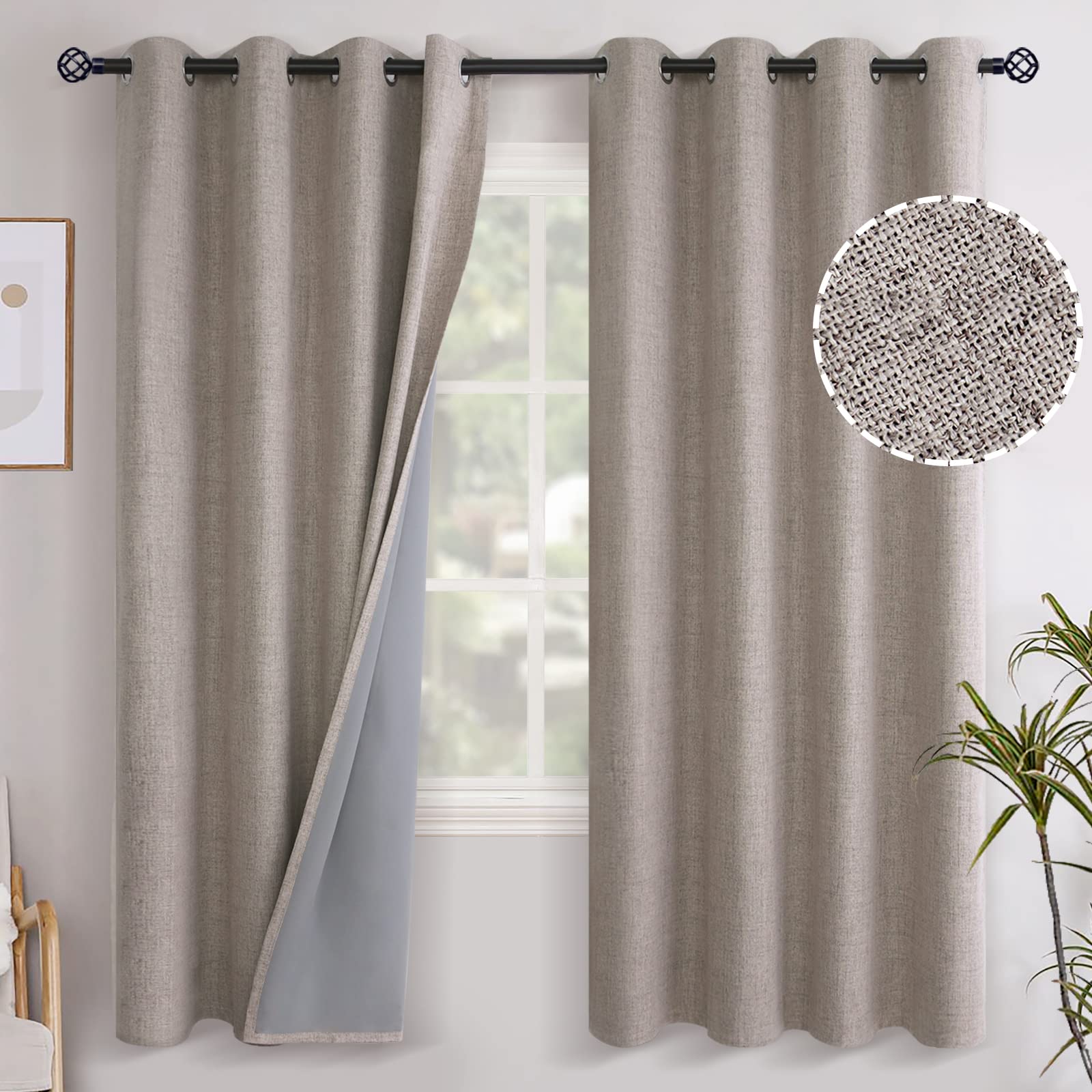 YoungsTex Burlap Taupe Linen Blackout Curtains 72 Inches Length for Living Room, Thermal Black Out Drapes with Grommet Darkening Window Treatments for