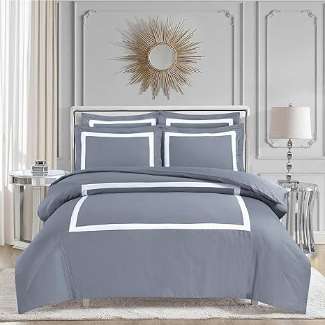 Majestic Giftware Madison Linen 8-Piece 44" Twin Size Bedding Set (BL3-44T-2) | Province Hotel Collection-Gray-White Tape 400 TC Cotton Sateen | 2 Fitted Sheets, 2 Duvets, 4 Pillowcases