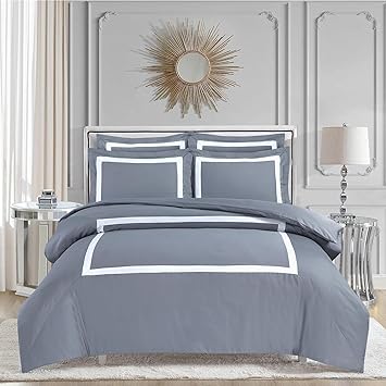 Majestic Giftware Madison Linen 8-Piece 44" Twin Size Bedding Set (BL3-44T-2) | Province Hotel Collection-Gray-White Tape 400 TC Cotton Sateen | 2 Fitted Sheets, 2 Duvets, 4 Pillowcases