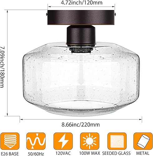 Miniatura 2 de SunRider Lámpara de techo industrial semiempotrada, pantalla de lámpara colgante de vidrio sembrado, luces de granja de bronce aceitado para pasillo