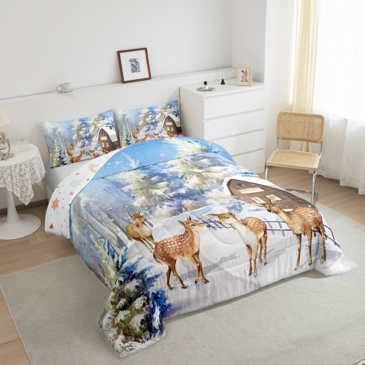 Erosebridal Christmas Comforter Set Queen, Blue Snow Mountain Bedding for Kids Girls Bedroom, Festival Deer Reindeer Bedding Comforter Sets Snowflake Decorations Quilt Set with 2 Pillowcases