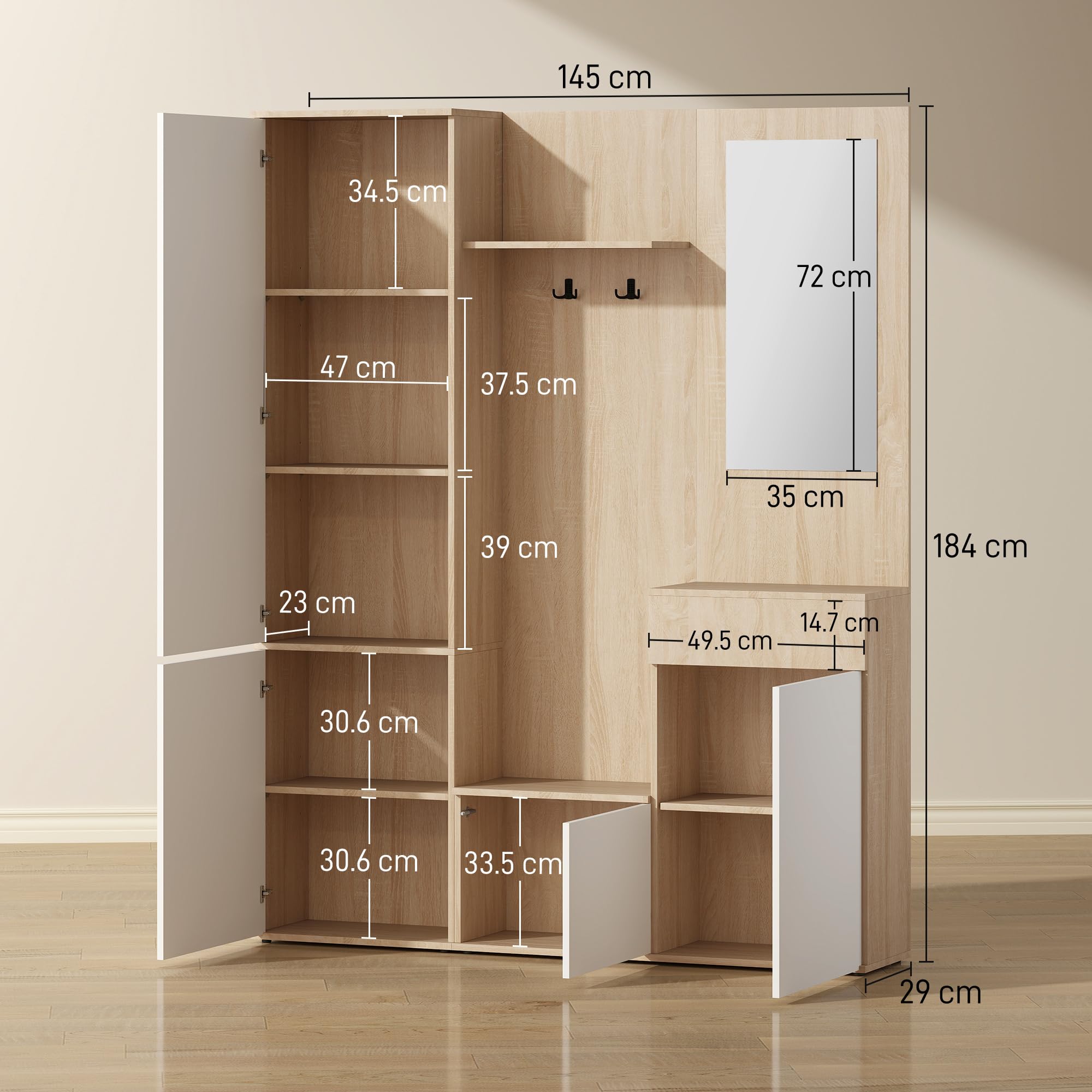 HOMCOM Mobile Attaccapanni da Ingresso 4 in 1 con Specchio, Ganci e Ripiani Regolabili Interni, Mobile da Ingresso Multiuso in Legno con Cassetto, 145x29x184 cm, Legno Naturale e Bianco