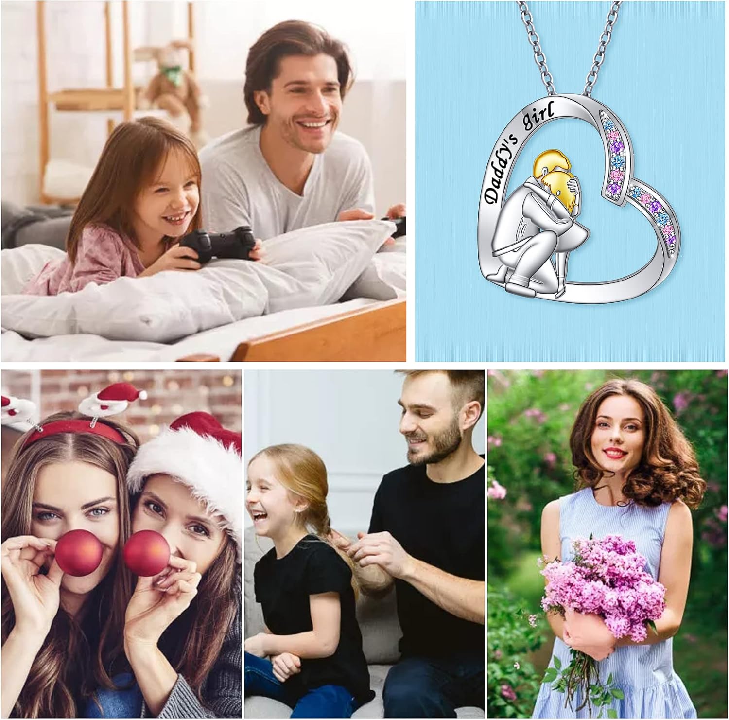 Alphm S925 Sterling Silver Father Daughter Heart Pendant Necklace Jewelry from Dad Mom