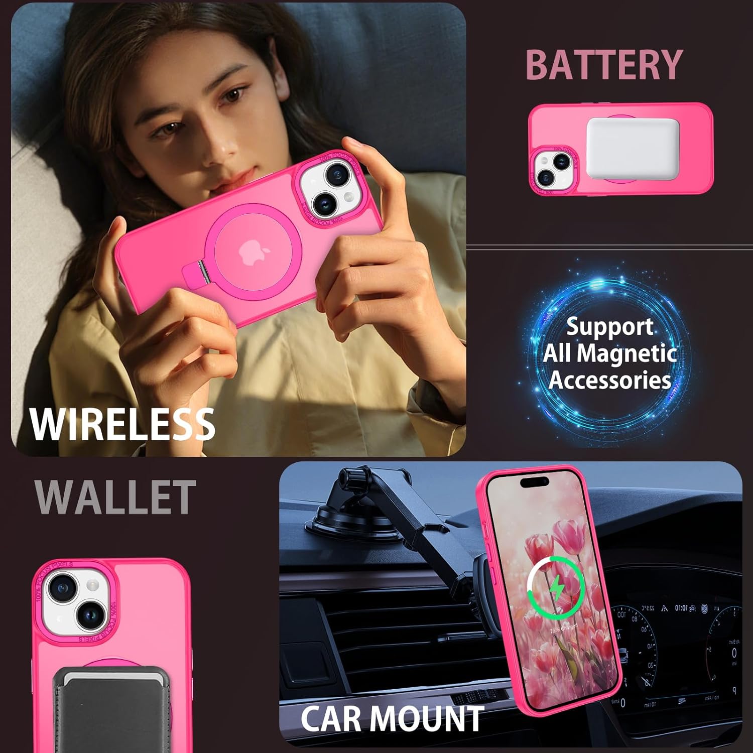 DUEDUE for iPhone 15 Plus Case Magnetic with Ring Stand[Compatible with Magsafe], Full Body Protective Cover Slim Shockproof Kickstand Phone Case for Apple iPhone 15 Plus 6.7", Hot Pink - Image 2