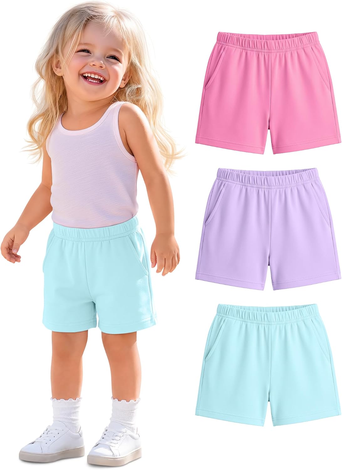 3 Pack Girls' Shorts Lightweight Bike Shorts Athletic Elastic Waist with Pockets Summer Kids Toddler Age 2-14