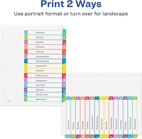Miniatura 3 de Avery Separadores de 15 pestañas para carpetas de 3 anillas, tabla de contenido personalizable, pestañas multicolor, 1 juego (11845)