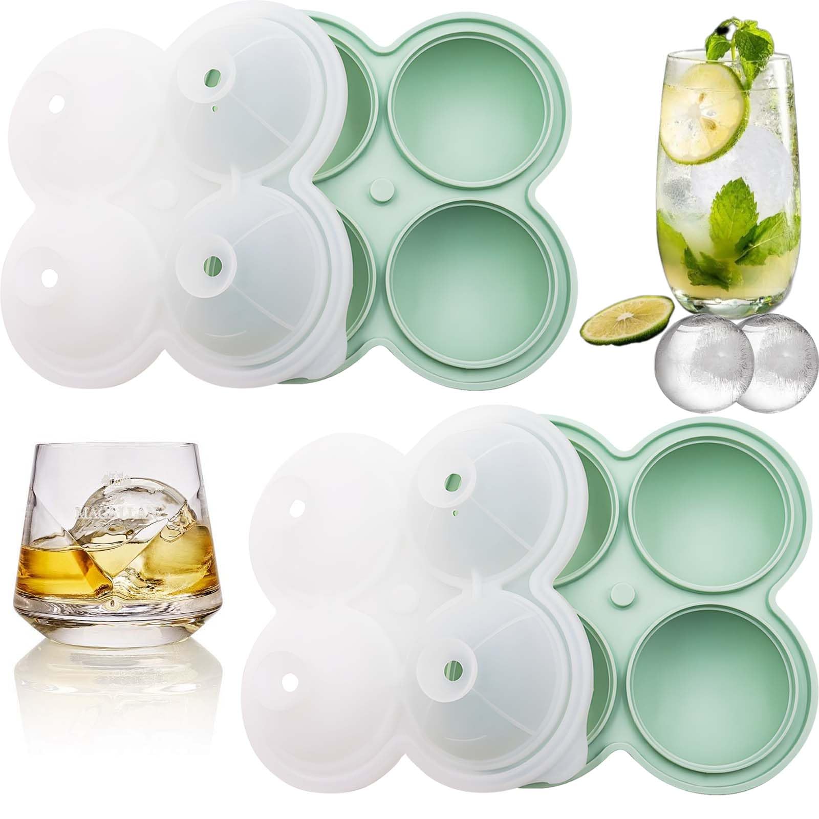 2er-Pack Eiswürfelform Silikon, 8 runde Eiswürfel 6 cm, Eiskugelform mit Deckel & Einfüllöffnung, BPA-frei, wiederverwendbar, für Whisky, Cocktails, Kaffee & Getränke (Grün)