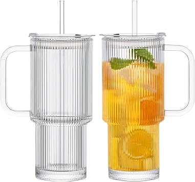 Glass Cups with Lids, Clear, Set of 2 Reusable Glass Tumblers - Kitchen Utensils, Hot Tea, Iced Coffee, Outdoors, Cafes, Restaurants, Camping, Classrooms