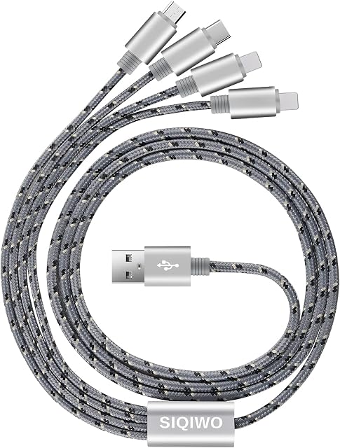 SIQIWO Multi Charger Cable, 4 in 1 Nylon Braided USB Fast Charging Cord Lead with 2 iP Micro USB Type C Port, for Android Samsung Galaxy S10 S9 S8 A5 J5, Kindle, Nokia, Moto, LG,Huawei, Xiaomi-3A/1.2M
