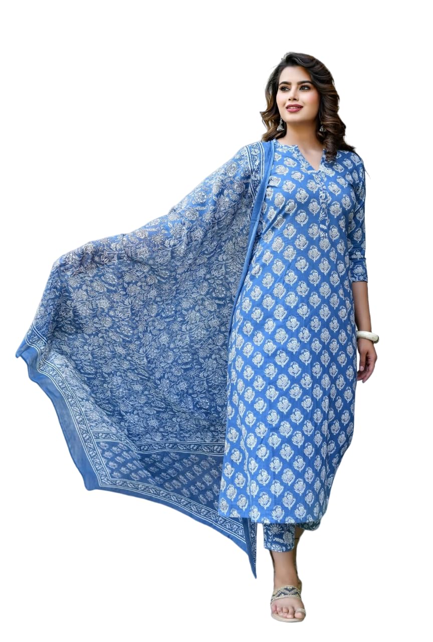 Lookmark Women's Trendy Printed Cotton Blend Straight Kurta Pant Dupatta Set ||Az-Lm-Og-Ks2087-S Blue