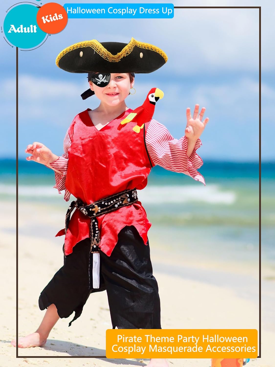 4 Pcs Kids Pirate Hat Costume Kit Stuffed Parrot on Shoulder Eye Patches Colonial Tricorn Hat Accessories for Boys Girls Halloween Masquerade Party Cosplay