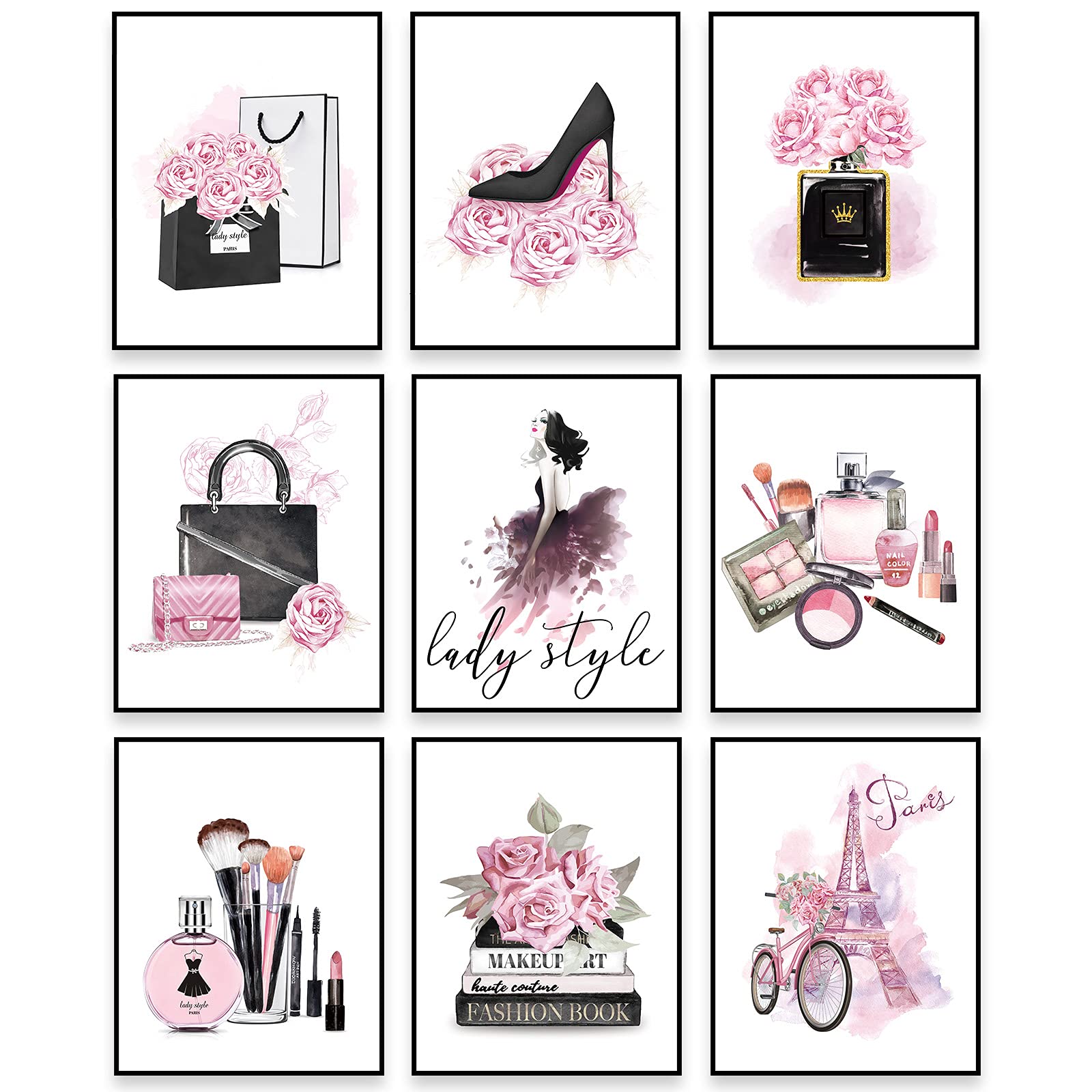 9 Piezas Artes Modernos de Pared de Mujeres Carteles de Pared Rosa Decoración de Pared de Dormitorio de Niña Tacones Altos Bolsos Perfumería para Decoración de Casa Habitación, sin Marco