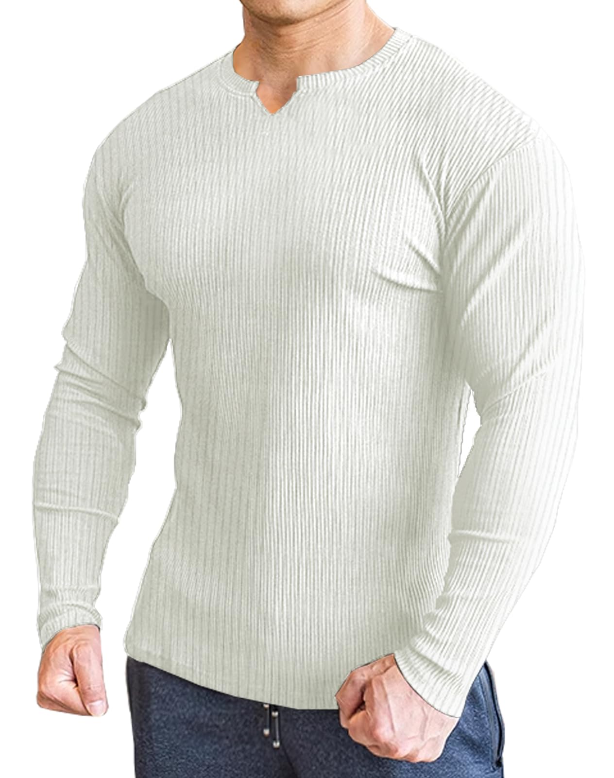 Lehmanlin Muskel-T-Shirt für Herren, Langarm&Kurzarm, Slim Fit, Rippe V-Ausschnitt-T-Shirt, Stretch, Lässig, Modisch, Business-Oberteile