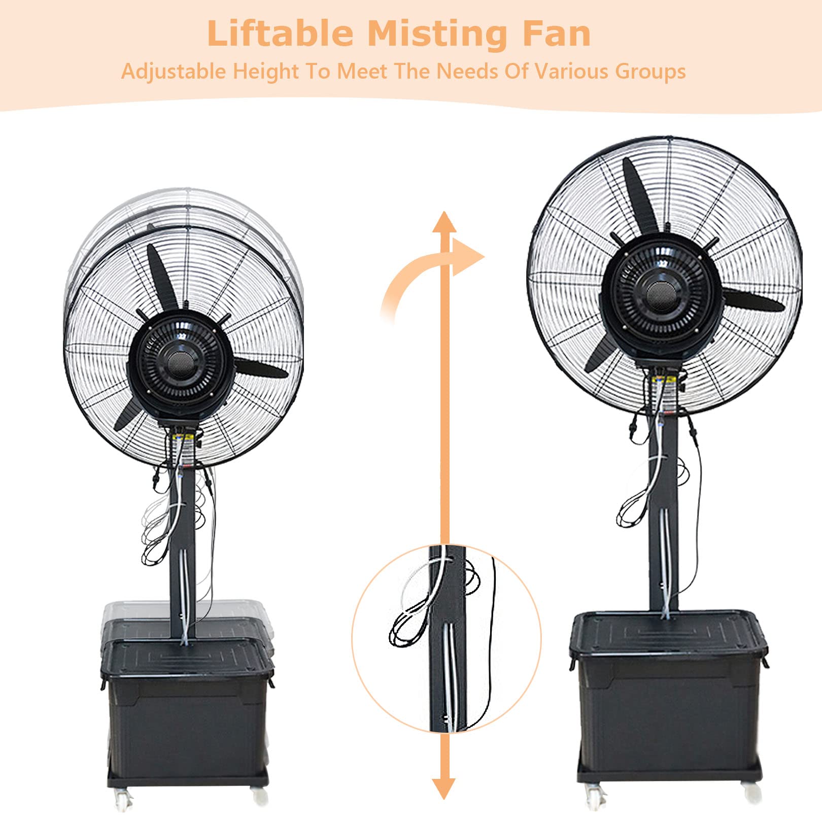 Ventilatore nebulizzatore per esterni, portatile, regolabile in altezza, ventilatore a piedistallo oscillante a 90°, con serbatoio da 42 litri, per campeggio e patio