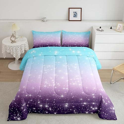 Erosebridal Juego de edredón con purpurina de estrellas espaciales para niños, juego de ropa de cama degradada, azul y morado, tamaño matrimonial,