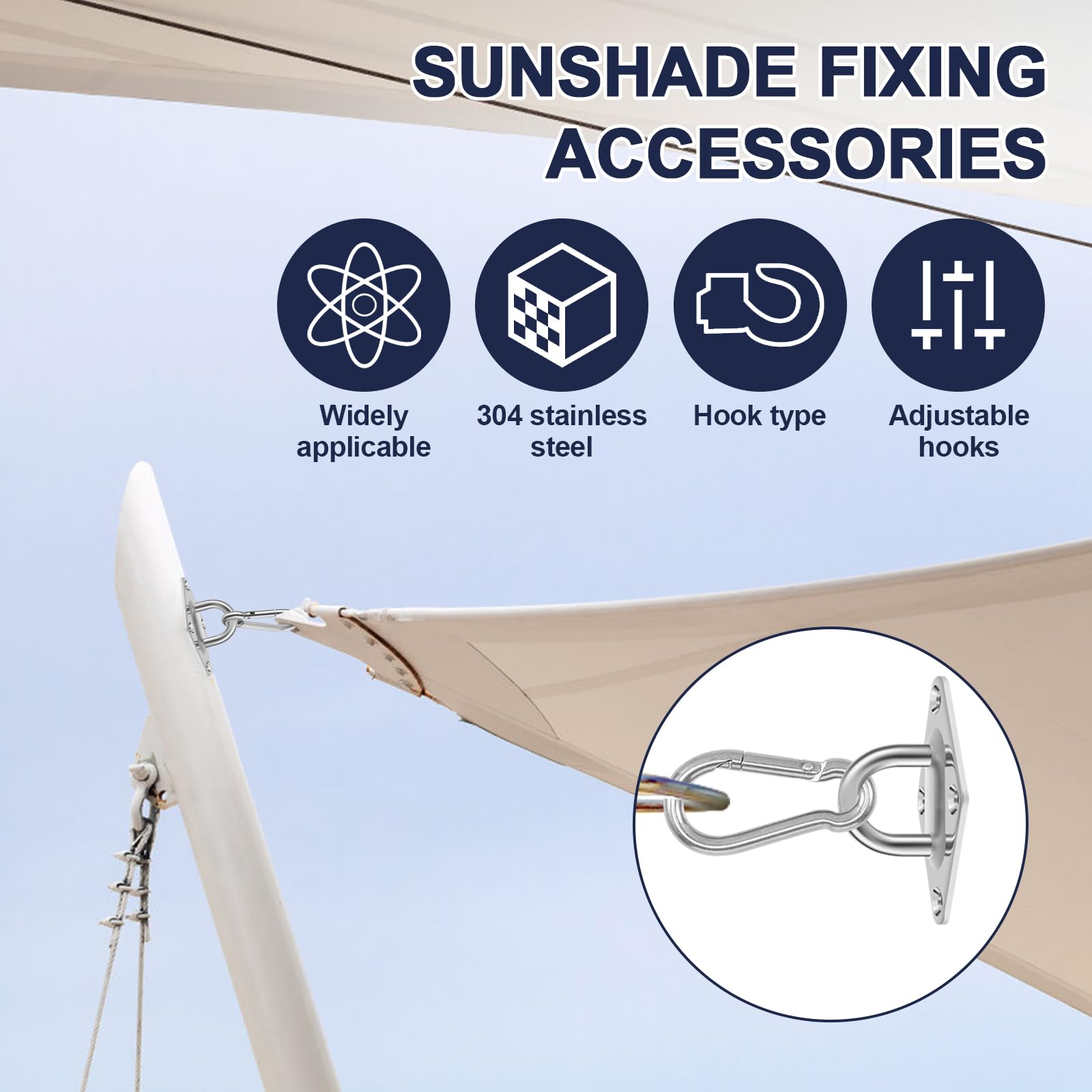 Shade Sail Hardware Kit Stainless Steel Awning Attachment Set Rust Resistant Shade Sail Fixing Accessories with Adjustable Hooks for Outdoor Patio