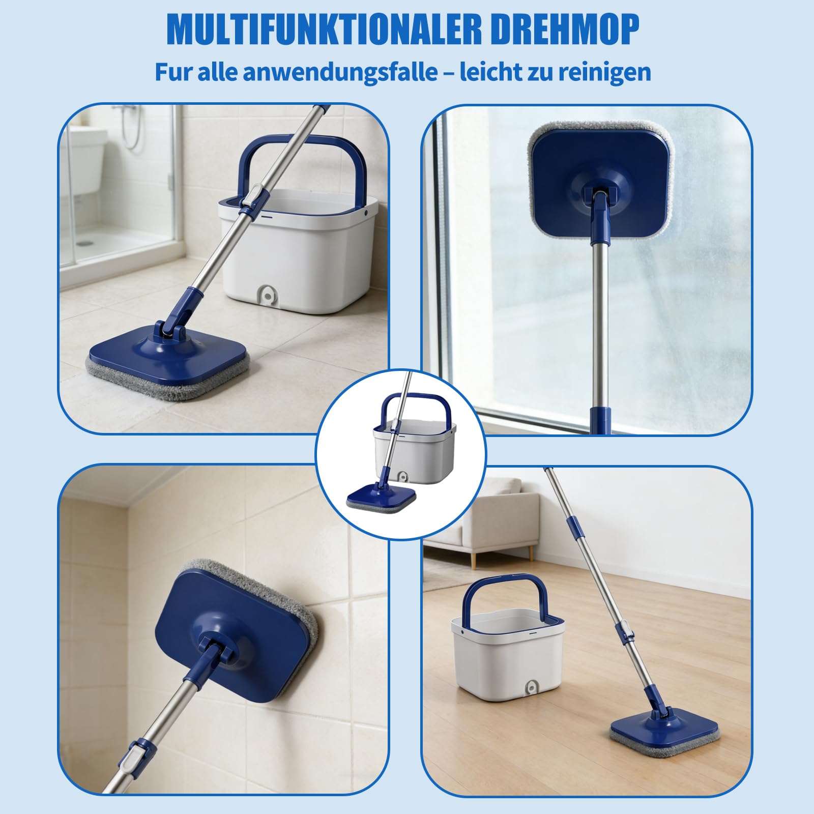 W&H Wischmopp Set mit Eimer,2-Kammer-System mit Auswringfunktion, Trennung von Frisch und Schmutzwasser,Bodenwischer mit 2 Mikrofaserbezügen für alle Bodenarten