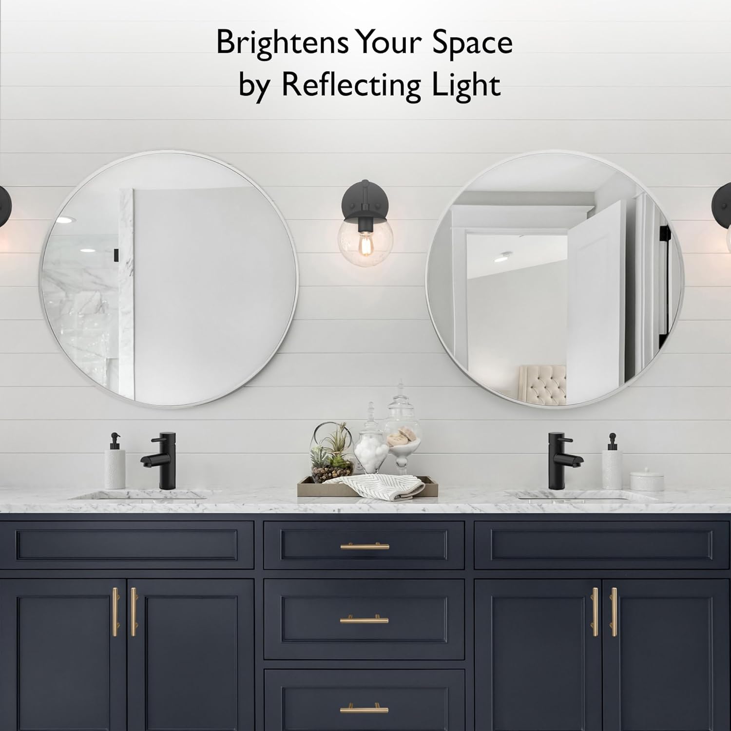 Design House Kenna Round Wall Accent Mirror – 28-Inch, Modern Metal Framed – Living Room, Bedroom, Bathroom Vanity Mirror – Silver – 2-Pack, 590034