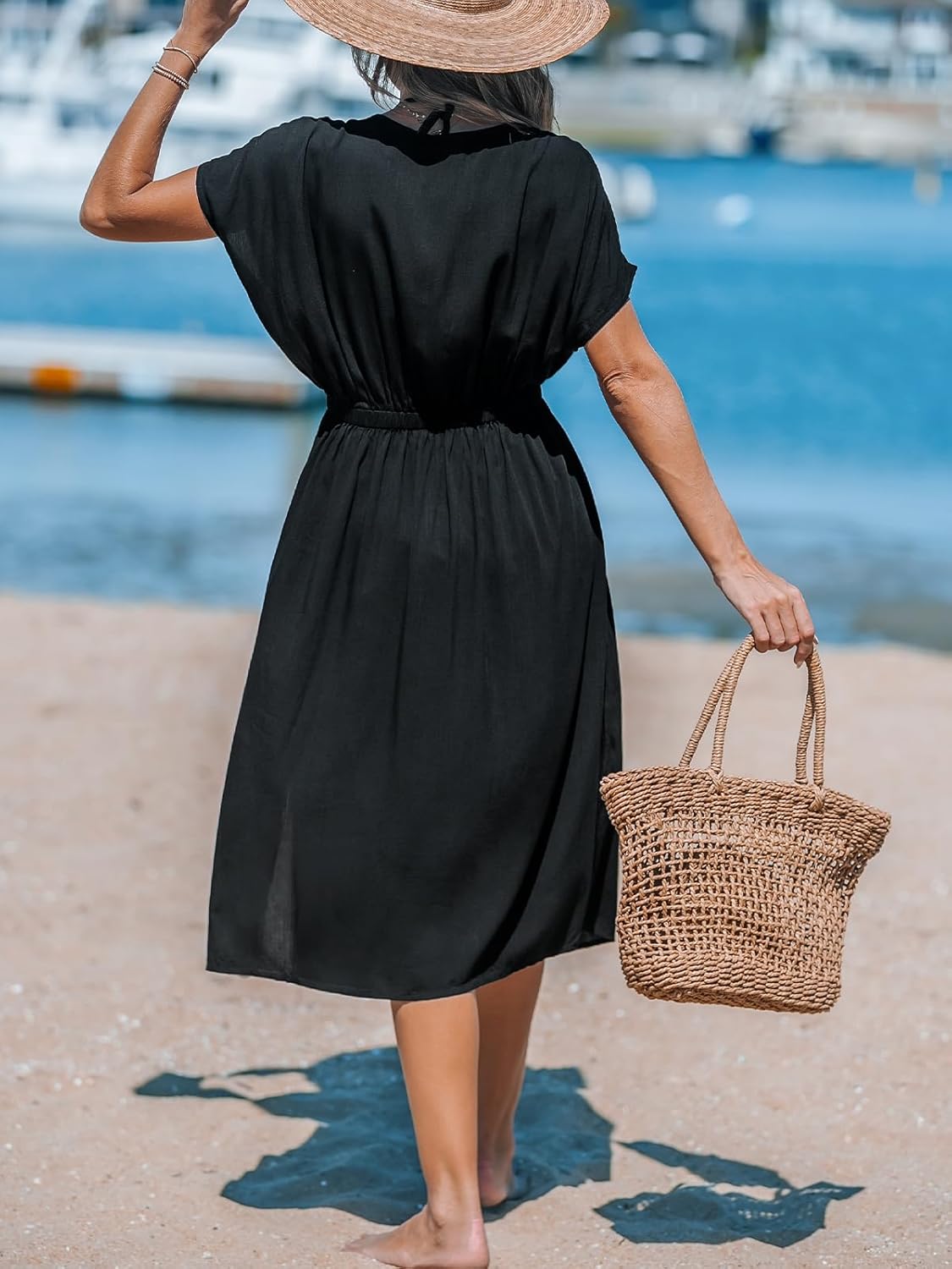 CUPSHE Women Beach Cover Up V Neck Short Sleeve Striped Midi Swimsuit Coverup Dress XS-XXL - Image 2