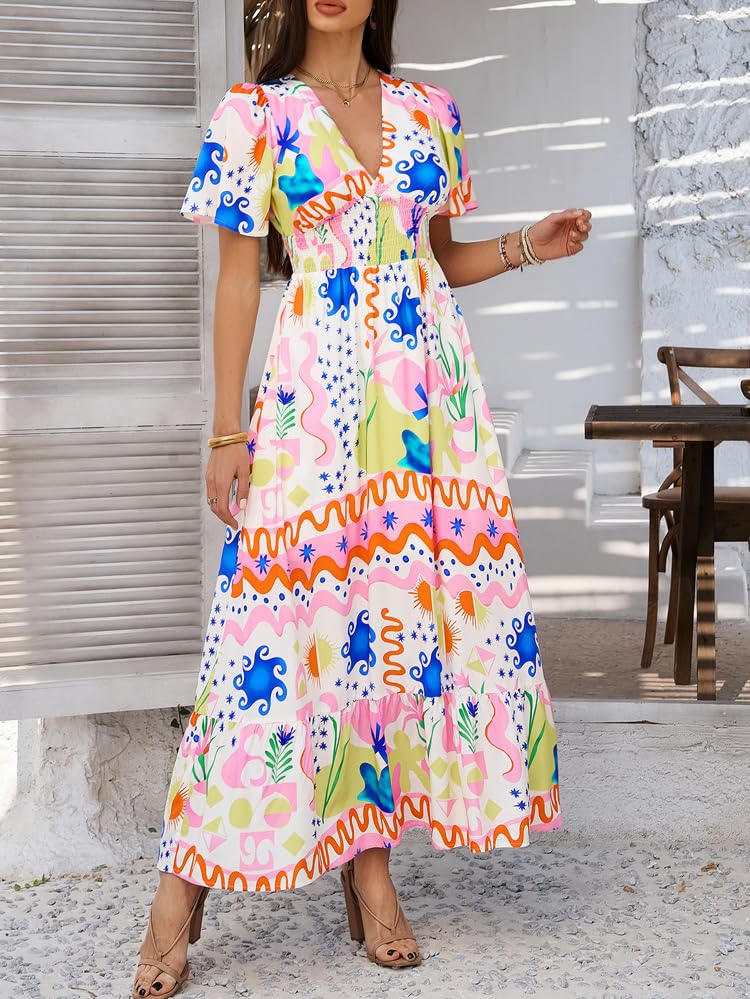 Image of Boho Floral Maxi Dress for Women 2026 Empire Waist Short Sleeve Dresses Summer Beach Vacation Wedding Guest Outfit