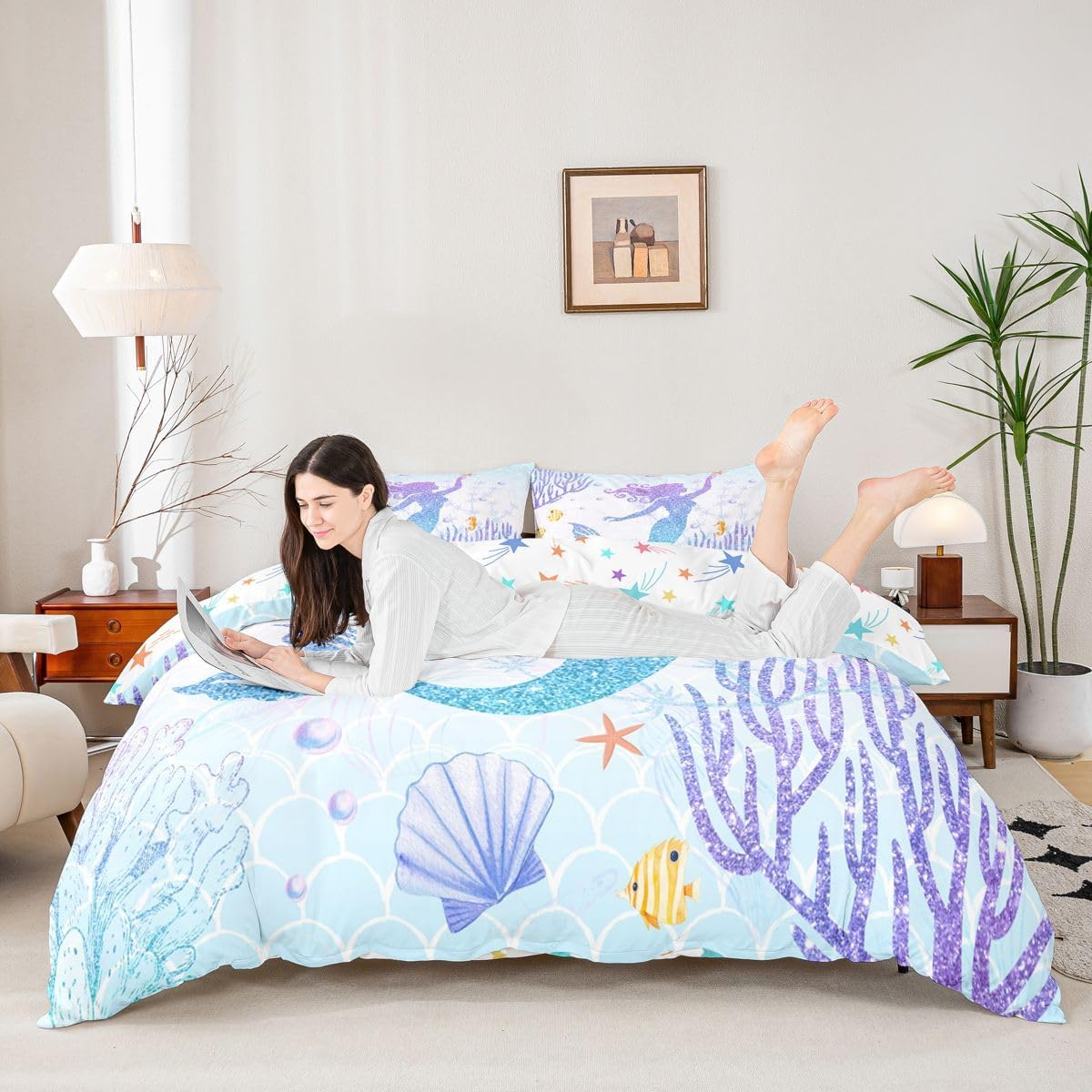 Castle Fairy Mermaid Duvet Cover Set King Size Rainbow Watercolor Glitter Bedding Set for Kids Girls Women Teens Room Decor, Mermaid Fish Scale Comforter Cover Ocean Coral Shell Quilt Cover 3pcs