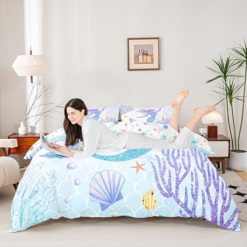 Miniatura 207 de Castle Fairy Juego de funda de edredón de cola de pez de sirena, tamaño Queen, juego de ropa de cama de escamas de sirena de acuarela arcoíris, 3