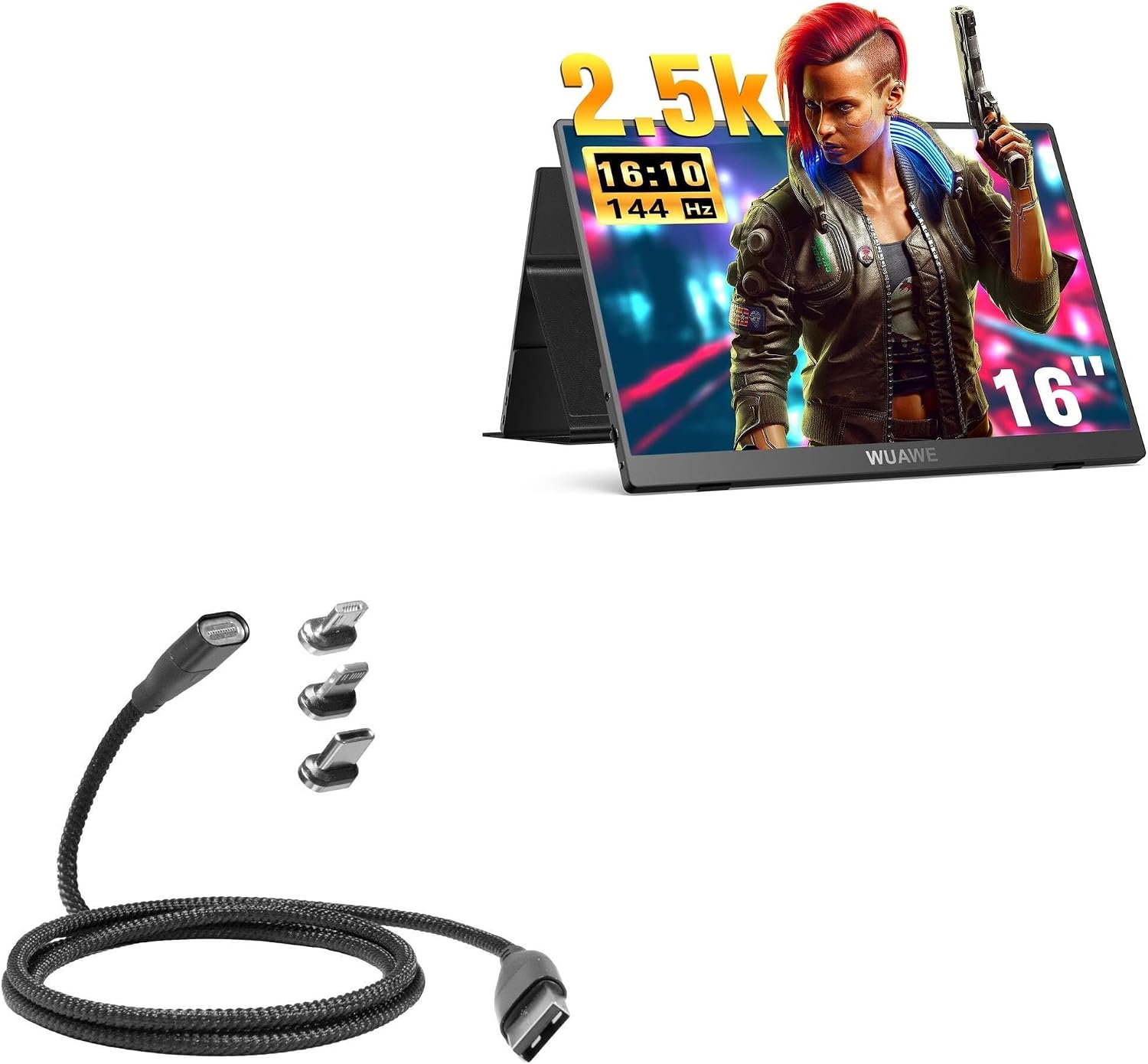 BoxWave Cable Compatible with WUAWE 2.5K Portable Gaming Monitor (16 in) - MagnetoSnap PD AllCharge Cable (100W), Magnet Charging Braided USB Type-C Micro - Jet Black