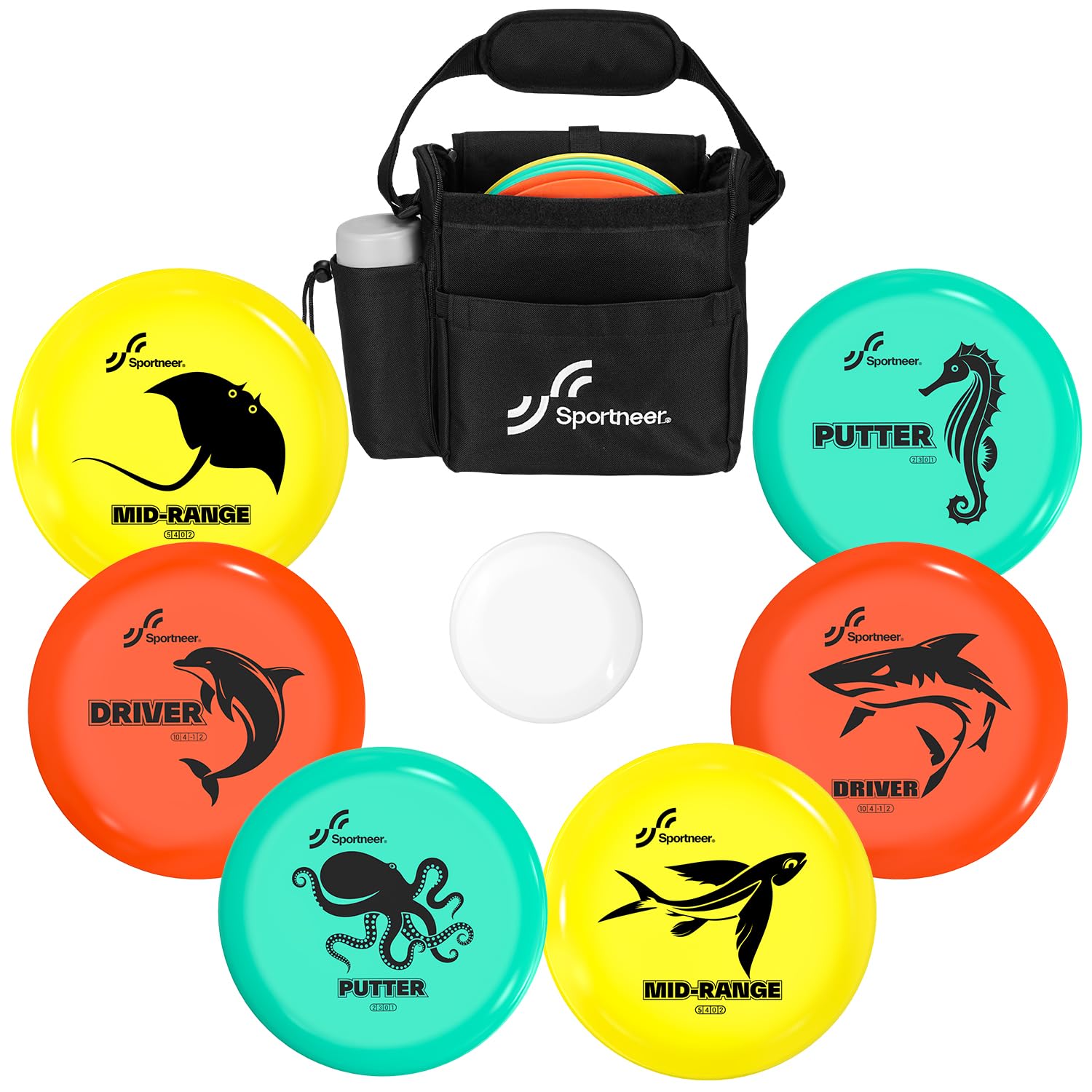 Sportneer Disc Golf Set – Discgolf Starter Set con motivo mare, 2 Driver, 2 Midrange, 2 Putter, Mini Disc Marker & Borsa per il trasporto – per principianti e esperti, outdoor e giardino