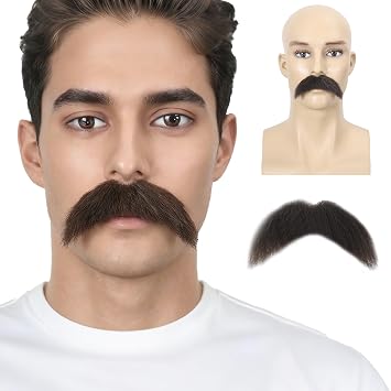 100% Hand Knoted Lace Base Heat Resistant Synthetic Fiber Fake Novelty Beard Goatee Halloween Costume Facial Hair Mustache Brown