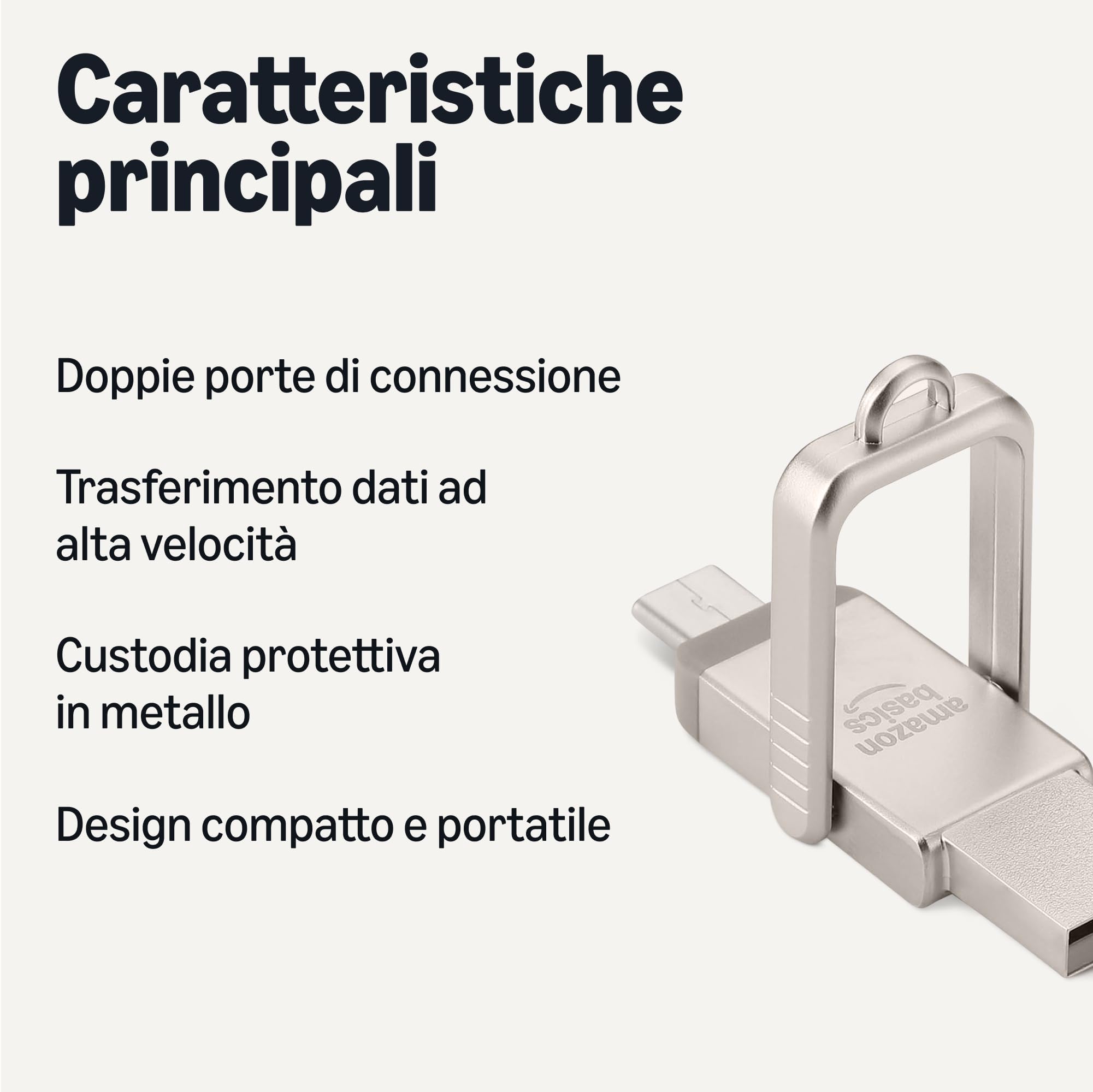 Amazon Basics Unità Flash USB, Chiavetta con Doppia Porta USB C e USB A, 128 GB, Colore Argento Champagne