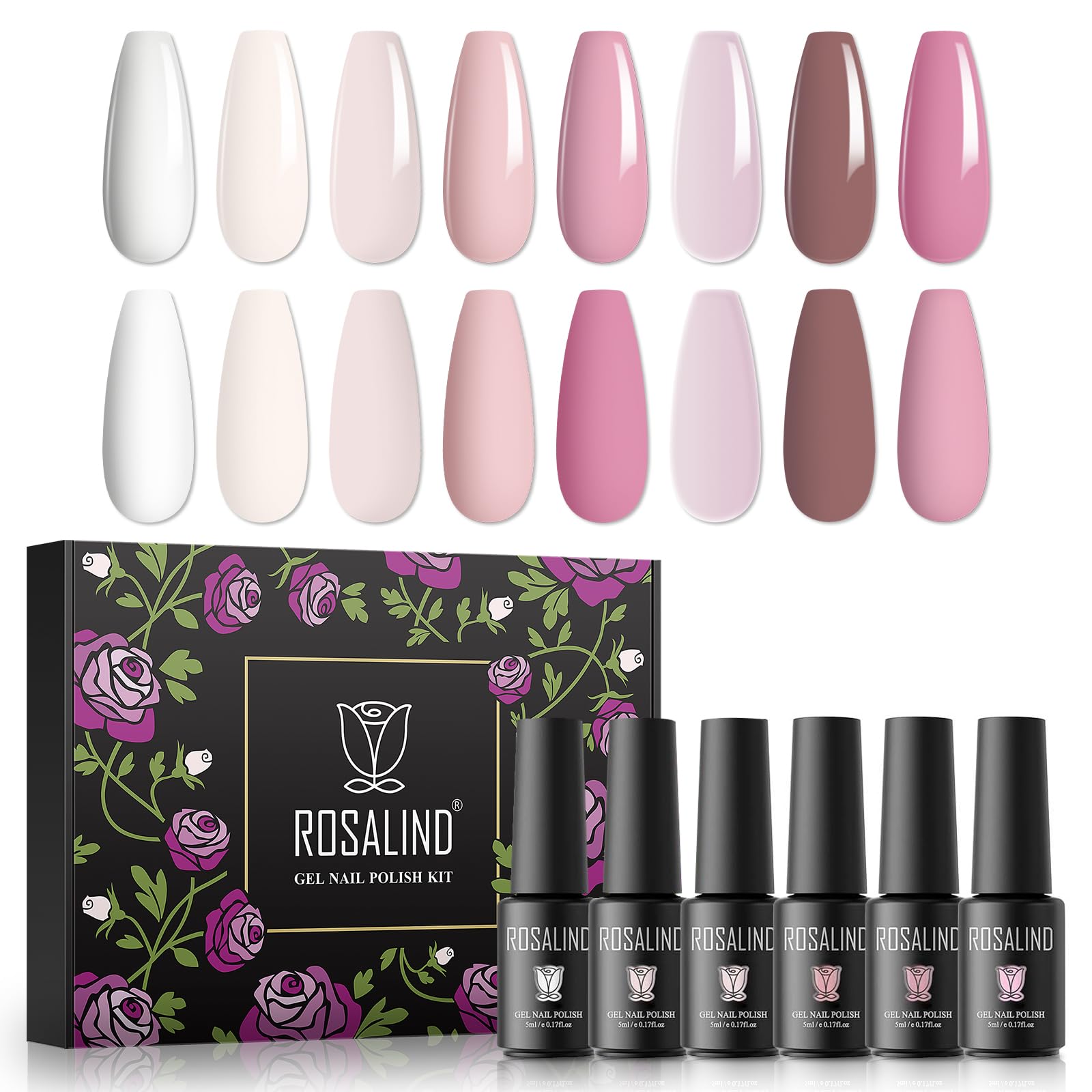 ROSALIND Pintauñas Semipermanentes, 8 Color Rosa Blanco Esmaltes Semipermanentes para Uñas, 5ml UV Gel de Uñas Semipermanente, Set Manicura, Gel Nail Polish 8Pcs