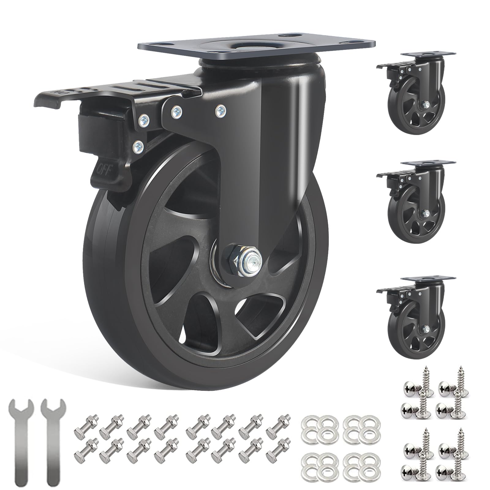 IQWTU Heavy Duty Castor with A/B Brakes, 125MM Furniture Castors, Double Bearing PU Trolley Wheels, Rubber Swivel Castor with Bolts and Nuts, Set of 4 Industrial Plate Casters up to 700KG