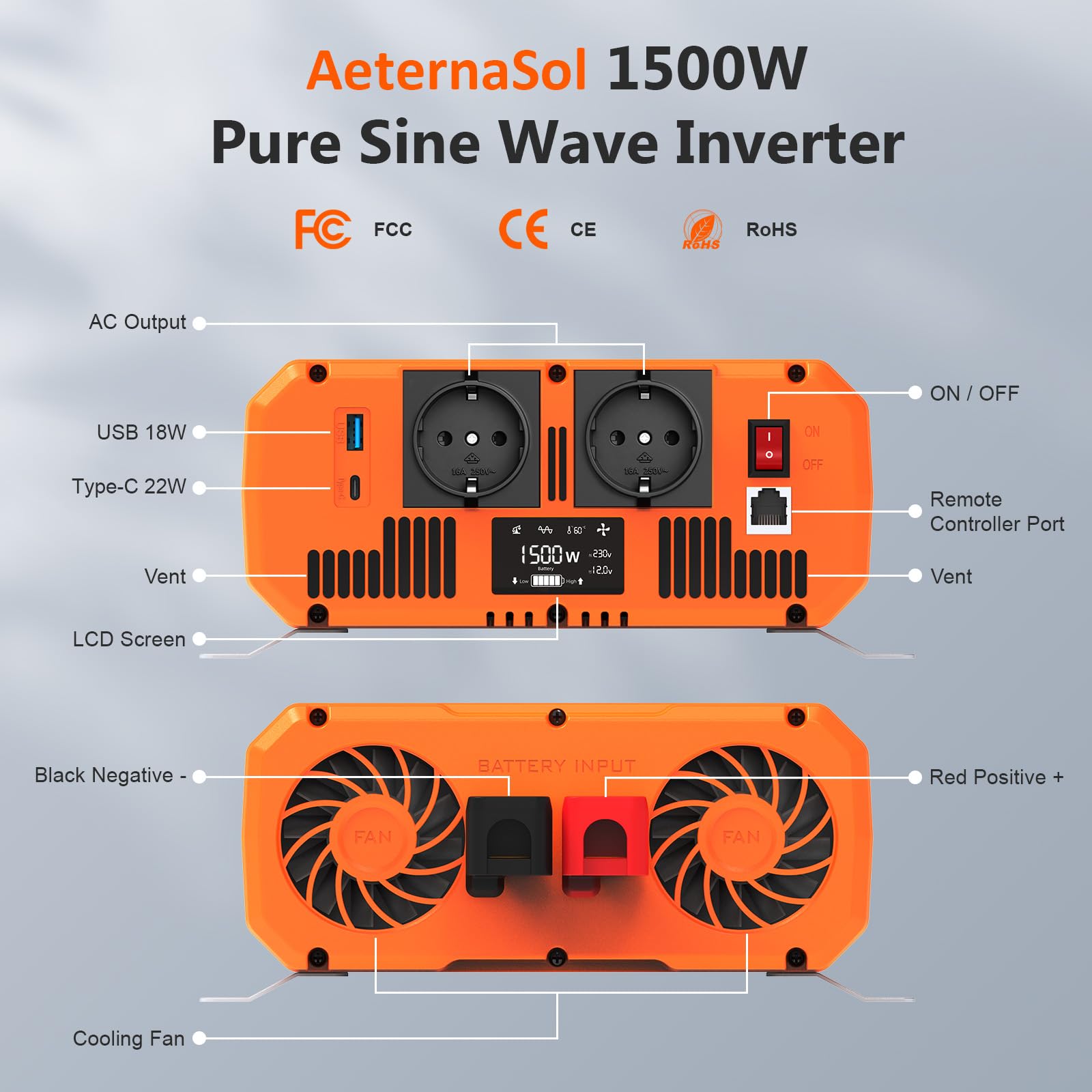 Inverter a onda sinusoidale pura da 1500W, da 12V CC a 230V AC, inverter per veicoli ricreativi con telecomando, invertitore di batteria solare per interruzioni di corrente, potenza di picco 3000W